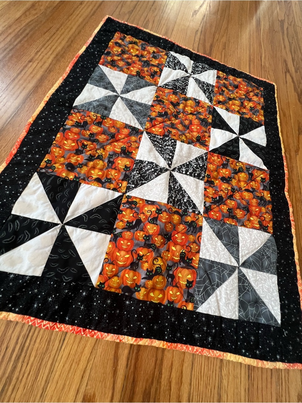 Handmade Halloween Quilt Black Cat Jack O Lantern Pumpkin Pinwheel Wall Hanging